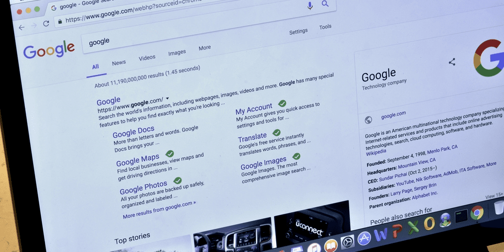 Computer screen showing search engine results for Google