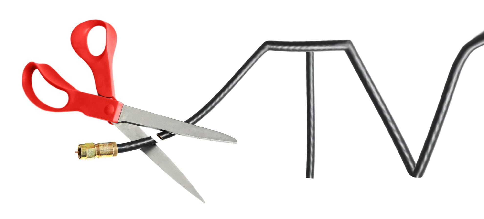 cable tv cord cut Scissors cutting through a TV shaped coaxial cable -- cord cutting concept