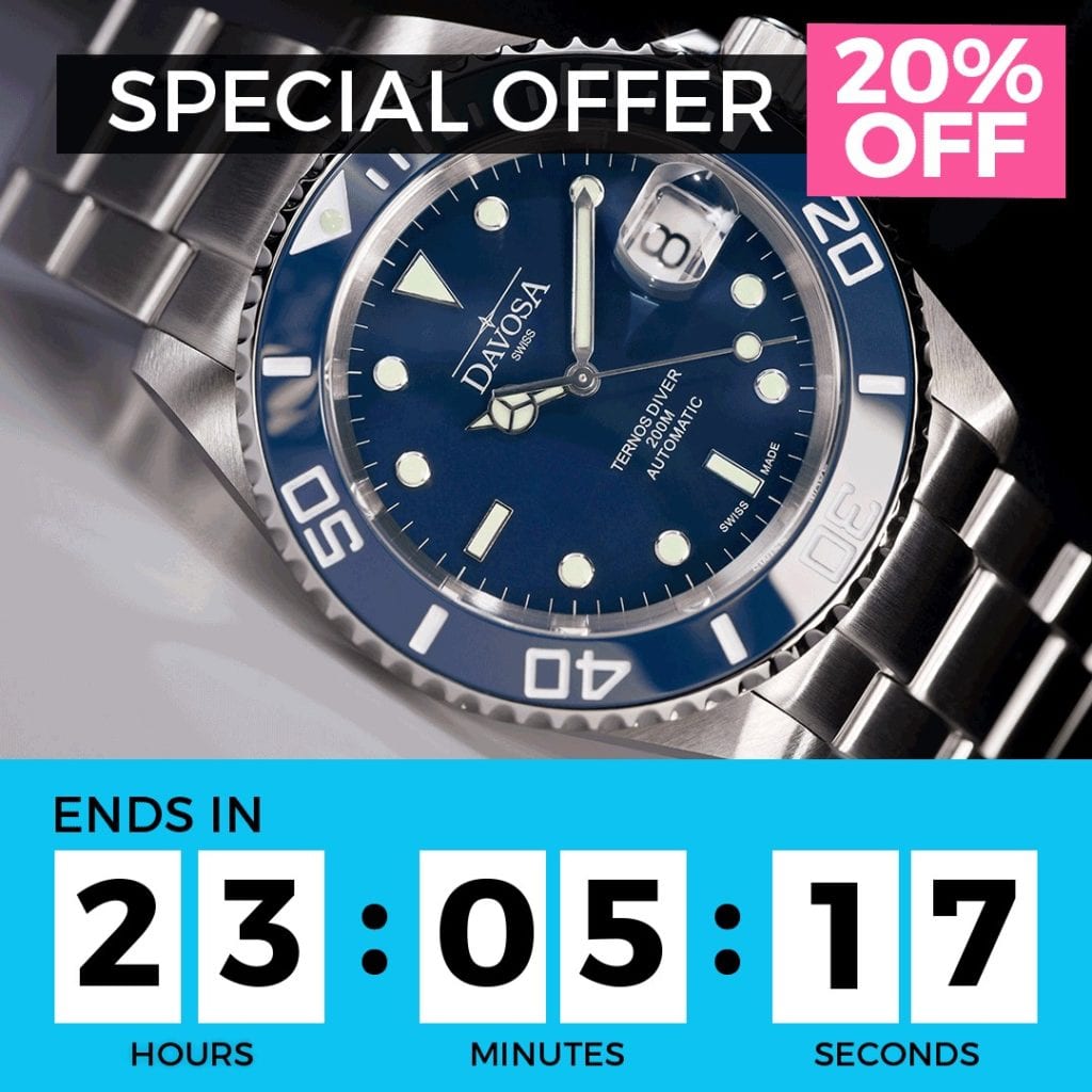Davosa Watch FOMO marketing ad showing countdown clock to end of special offer.