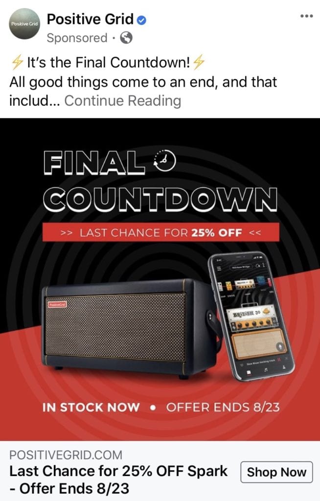Positive Grid ad showing final countdown and end date to special offer