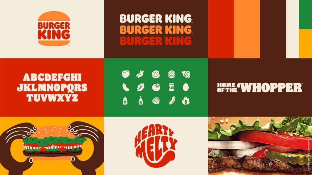 Burger King rebrand elements including logo, color palette, font, and icons.