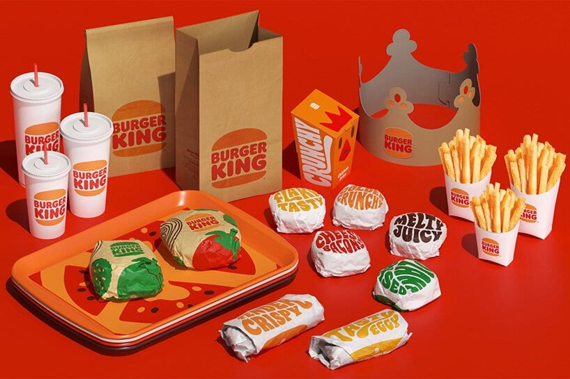Burger King rebrand food packaging including bags, wrappers, and cups.