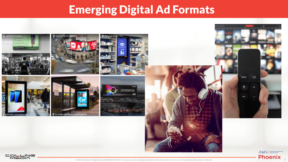 Image showing emerginc digital ad formats - digital out of home, connected TVs, and smartphones.