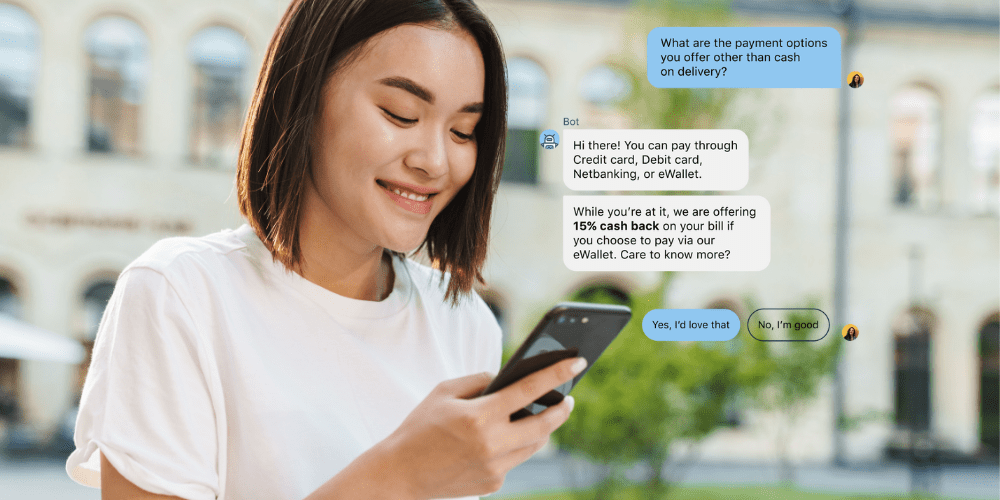 Conversational Marketing, woman using smartphone, shows chat bot conversation
