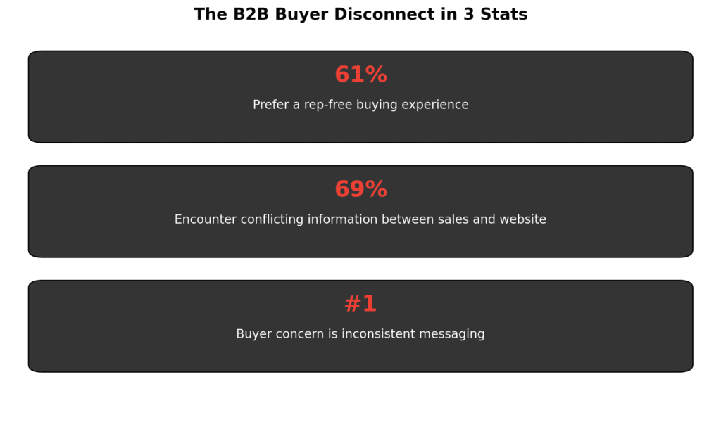 Infographic highlighting the B2B buyer disconnect with statistics on rep-free buying experience, sales content inconsistencies, and marketing alignment issues