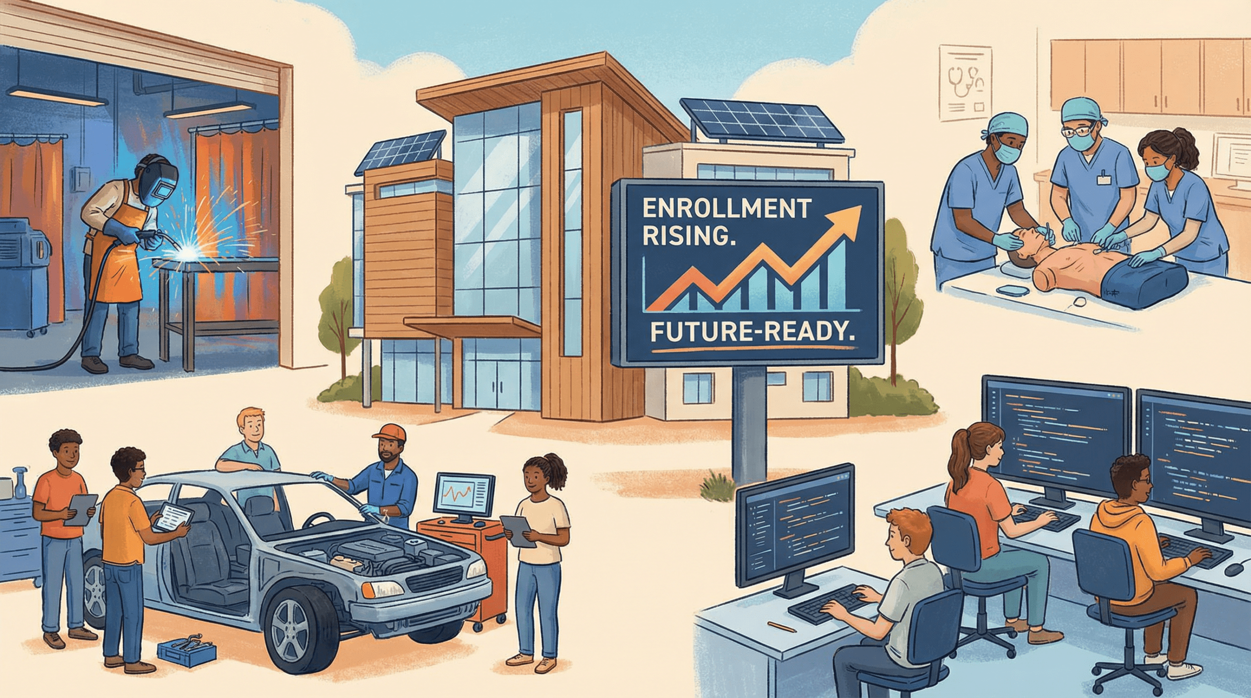 Modern trade school campus with diverse students in hands-on learning