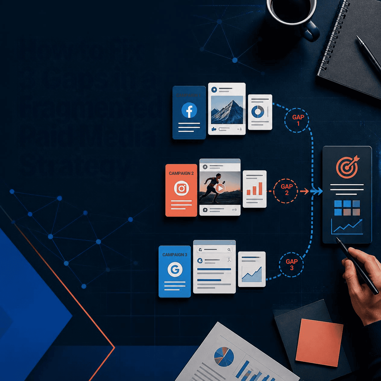 How to Fix 3 Gaps in a Fragmented Paid Media Strategy Facebook, Instagram, and Google ad campaigns separated by three gaps on the way to a shared advertising goal.