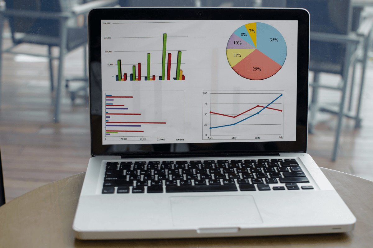 Laptop displaying marketing performance charts and analytics, illustrating how media strategy, audience targeting, content alignment, and measurement work together to improve business results.