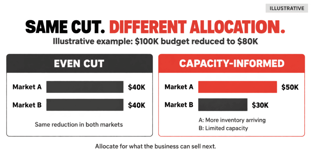 Illustrative $80K media budget comparison: an even $40K split across two markets versus $50K and $30K allocated according to upcoming inventory and capacity.