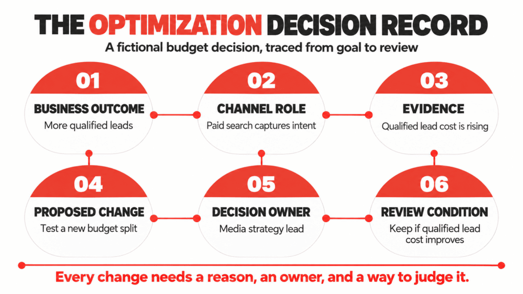 Example paid media decision record showing the business goal, channel role, evidence, proposed budget change, decision owner, and review condition.