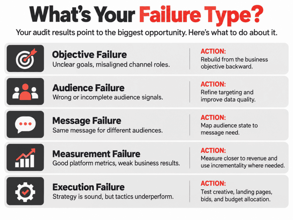 Infographic identifying five media strategy failure types: objective, audience, message, measurement, and execution failures, with a recommended action for each.