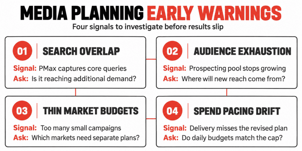 Four early media planning warning signs: Search and PMax overlap, audience exhaustion, thin market budgets, and spend pacing drift.
