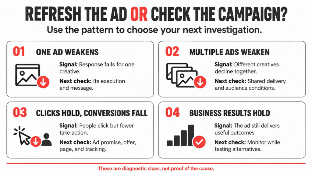 Four ad performance patterns and what to investigate: individual creative, shared campaign conditions, the landing experience, or continued monitoring.