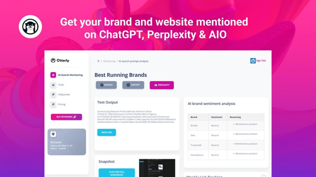 Otterly.AI dashboard showing brand mentions, competitive visibility, and performance across AI-powered search engines