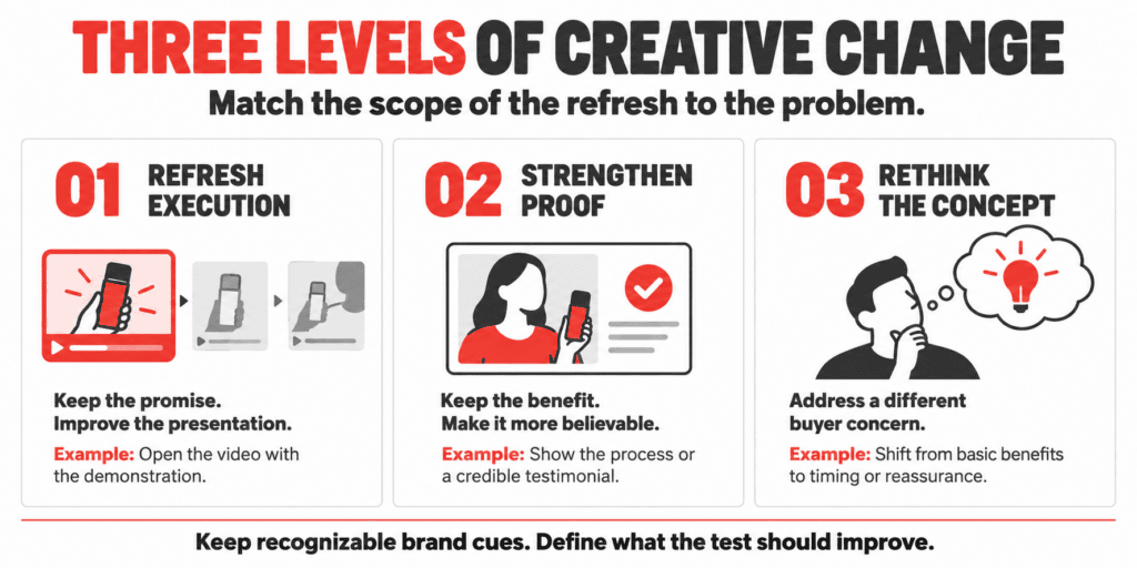 Three approaches to refreshing ad creative: improve the execution, strengthen supporting proof, or address a different buyer concern.”