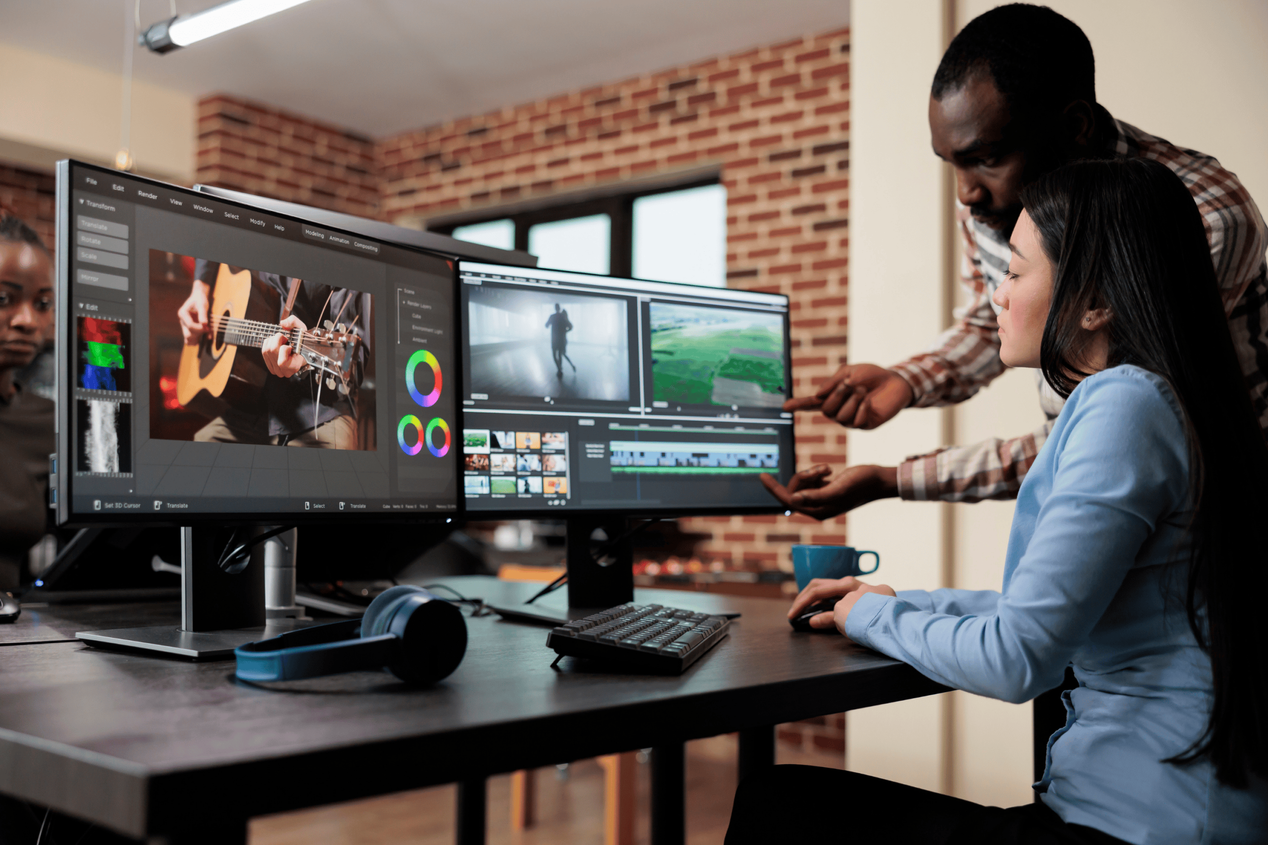 Creative team reviewing video footage and editing an ad on dual monitors during a creative refresh. When-Should-You-Refresh-Your-Ad-Creative
